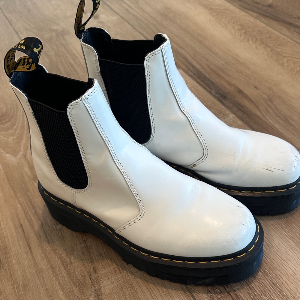 Dr. Martens White Leather Chelsea Platform Boots with Black Sole